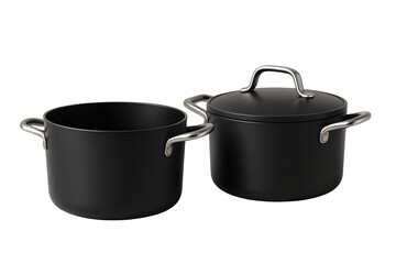 Two sleek, modern black cooking pots isolated on white transparent, for culinary creations