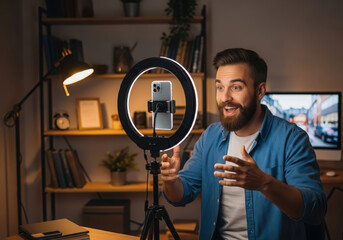 Man vlogging at home with ring light and computer