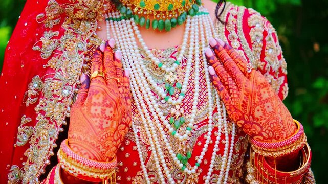 Red color is the traditional Indian clothes, Move camera view of hand. Close up view of hands 