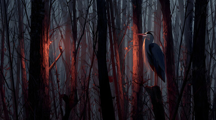 Stylized Graphic Art of a Heron by the Lake