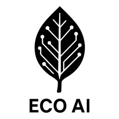 Vector ai icon illustration of a black leaf with a circuit board design inside, eco ai below on transparent background