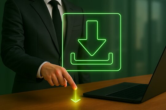 Businessman interacting with a glowing green download icon on a laptop screen