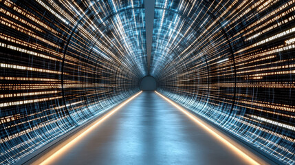 Futuristic tunnel with glowing lights and digital patterns creates mesmerizing atmosphere