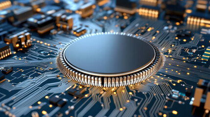 High tech circuit board with intricate patterns and central processing unit, showcasing modern