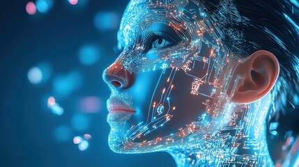 Young woman with circuit board overlay in digital environment at night