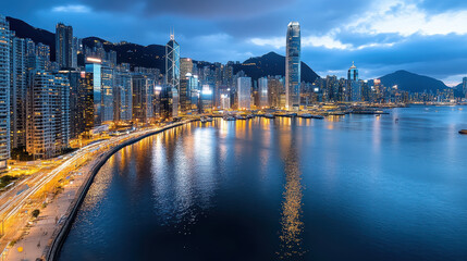 Obraz premium Stunning city skyline at night with illuminated buildings reflecting on water