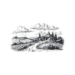 Sketch of a Tuscan villa with vineyards and cypress trees under cloudy sky