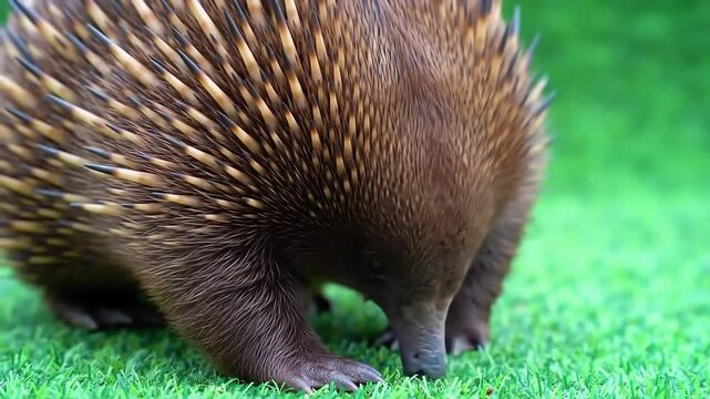 Echidna, a spiny anteater, foraging on green grass, its quills and furry body clearly visible in close-up, creating textured image
