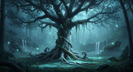 Enchanting mystical forest scene featuring glowing fireflies around an ancient sacred tree