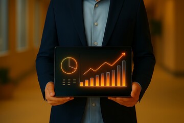 Businessman holding a tablet displaying a glowing financial growth chart and clock