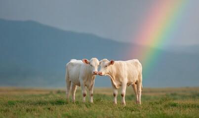 Obraz premium Authentic Young Calves Nuzzling in Lush Green Pasture with Rainbow Premium Serene Nature Lifestyle Content for Family Marketing and Social Media