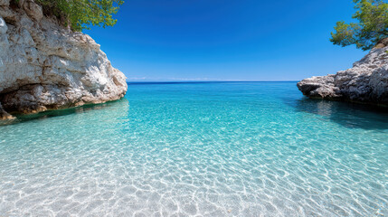 Fototapeta premium Crystal clear water reflects blue sky, surrounded by rocky cliffs and lush greenery
