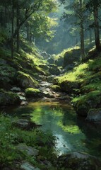 Fototapeta premium Serene Forest Stream in Natural Sunlight Premium Authentic Nature Landscape for Wellness, Relaxation, and Outdoor Lifestyle Content