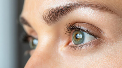 Fototapeta premium Close up of woman eye showcasing vibrant green iris and long eyelashes, reflecting light