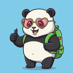 Cartoon panda character with heart-shaped sunglasses and a green backpack gives a thumbs-up against a blue background.