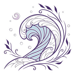 Fototapeta premium Artistic Water Wave Illustration with Flourishes and Bubbles in Purple and Blue