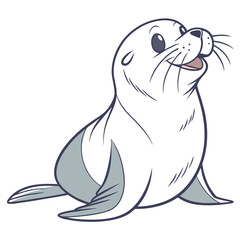 Cartoon Illustration of a Cute White Seal Smiling Upward with Big Eyes