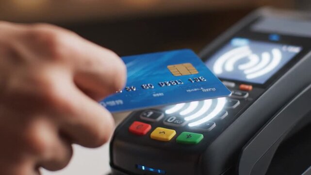A close-up of a customer tapping a credit card for a contactless payment, the modern way of counting money in a cashless transaction.