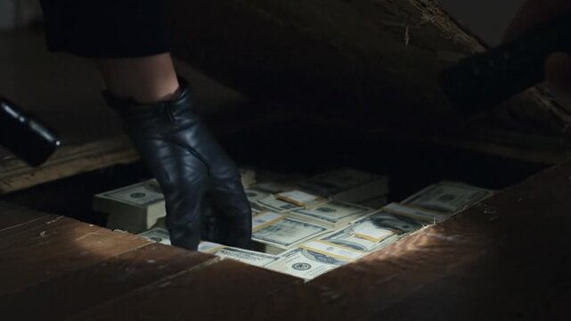 A detective's gloved hand pulling stacks of hidden cash from a secret compartment, a concept for a criminal investigation and discovery.