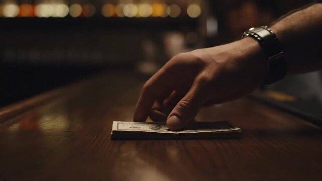 A close-up of a customer's hand paying with cash to a cashier or bartender, a realistic concept of retail, service, and commerce.