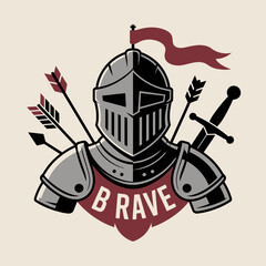 Naklejka premium Vector illustration of a medieval knight in armor with swords and arrows and a banner with the word brave