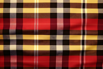 Close-up of a yellow, red, and black plaid fabric pattern with diagonal and horizontal lines intersecting to create a colorful checkered design.