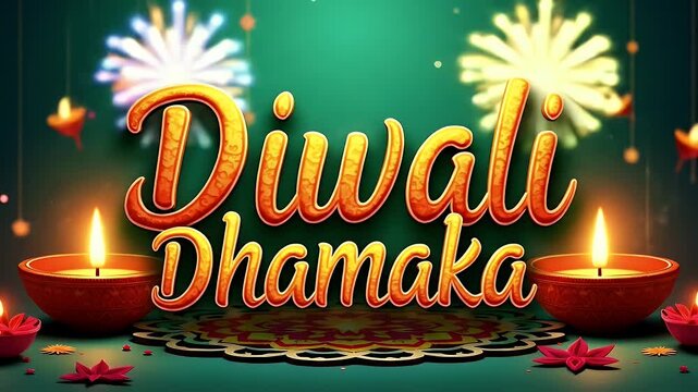 Low-poly Diwali-themed banner with diyas, lanterns, fireworks, and rangoli patterns, &ldquo;DIWALI DHAMAKA&rdquo; in festive Indian font, green screen background for festival promos

