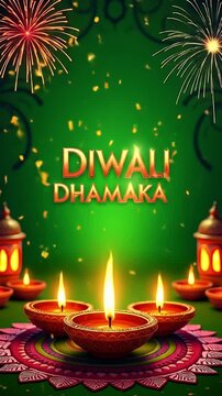 Low-poly Diwali-themed banner with diyas, lanterns, fireworks, and rangoli patterns, &ldquo;DIWALI DHAMAKA&rdquo; in festive Indian font, green screen background for festival promos


