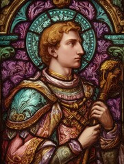 Obraz premium Premium Religious Remembrance Day Stained Glass Saint Lawrence Portrait with Ornate Patterns for Autumn Faith-Based Education and Charity Campaigns