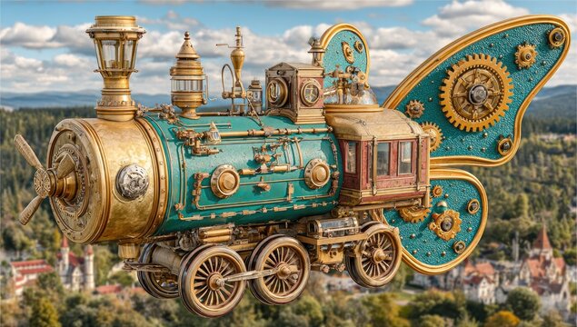 A fantastical, steampunk-style train with butterfly wings, hovering over a picturesque landscape.  Gold and teal accents, intricate gears and pipes, depict a unique, flying machine