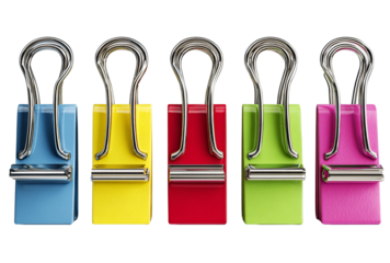 A group of colorful binder clips isolated on transparent background