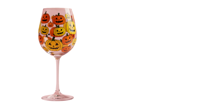 Festive wine glass adorned with cheerful jack-o'-lanterns, perfect for Halloween parties and seasonal celebrations, adding a touch of spooky fun.