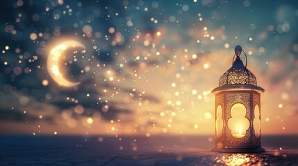 A golden lantern glows under a crescent moon, illuminated by soft, warm light, on a textured surface.  Stars and glowing specks dot the twilight sky