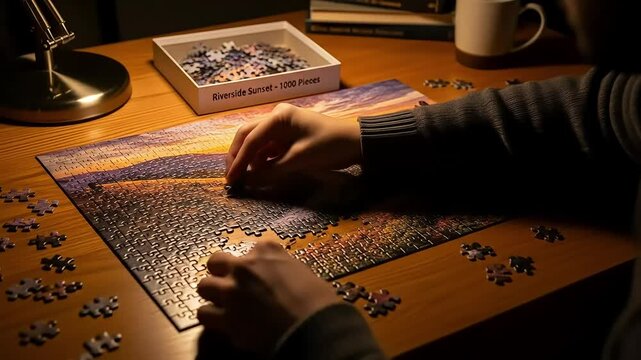 Hands assembling a jigsaw puzzle of a sunset over water on a wooden table