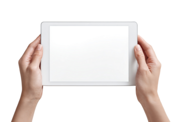 Person holding a tablet computer screen display technology electronic device gadget isolated on transparent background