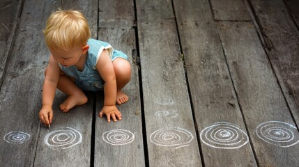 Naklejka premium Toddler drawing concentric circles on weathered wooden decking.