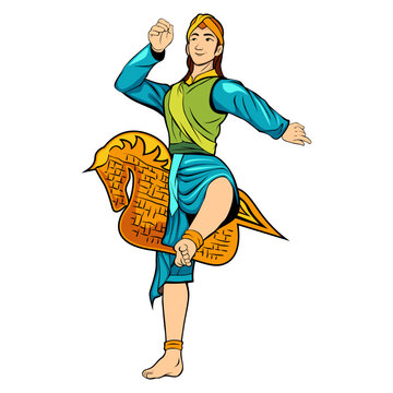 A vibrant vector illustration of a traditional Jathilan dancer, smiling warmly with dynamic movements, wearing colorful Javanese attire and holding a woven bamboo horse prop, full of cultural charm.
