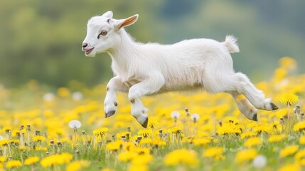 Obraz premium White goat kid leaps in a field of dandelions