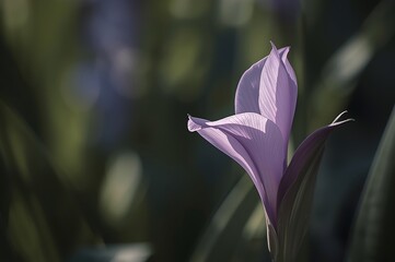 Obraz premium Delicate purple crocus flower unfurling its petals in soft natural light with a blurred green background