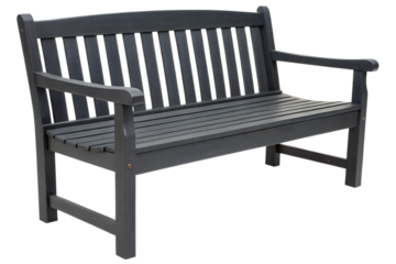 The dark wooden bench features vertical slats on the backrest and horizontal slats on the seat, with armrests on each side. Its sturdy build and classic design make it ideal for outdoor settings.