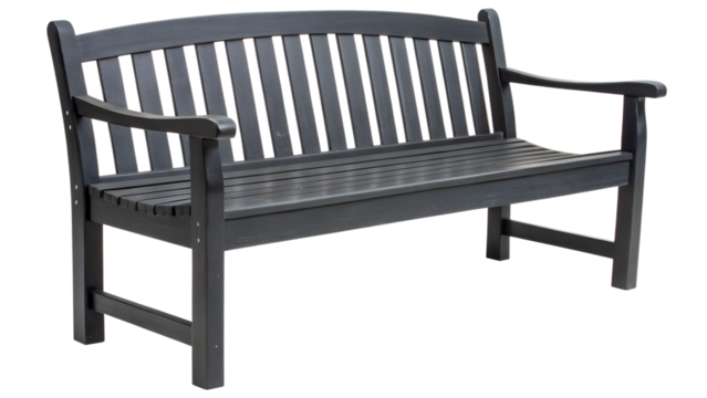 A dark gray or charcoal-colored outdoor bench with a classic design. It features vertical slats in the backrest, flat armrests, and a slatted seat made of what appears to be composite or treated wood 