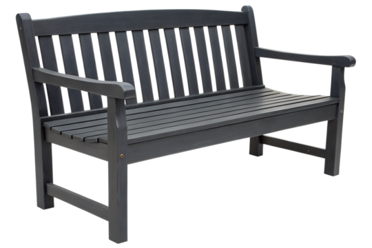 The dark wooden bench features vertical slats on the backrest and horizontal slats on the seat, with armrests on each side. Its sturdy build and classic design make it ideal for outdoor settings.