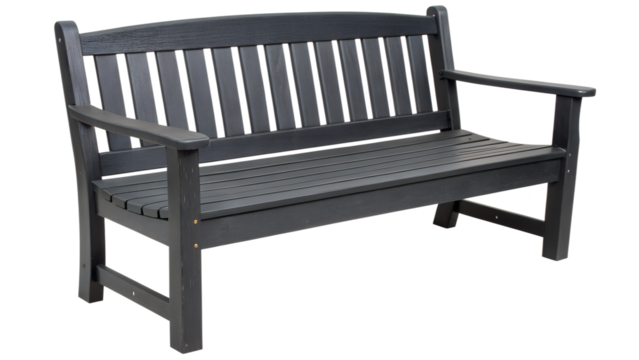 A dark gray outdoor bench with a classic slatted design. It features vertical slats in the backrest, horizontal slats for the seat, and sturdy armrests. The bench appears to be made of weather.