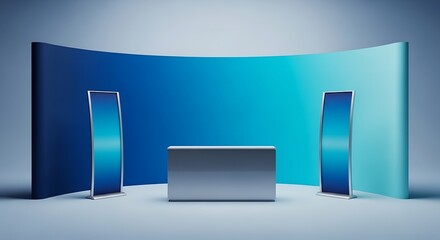 Professional trade show booth exhibition backdrop with display stands isolated