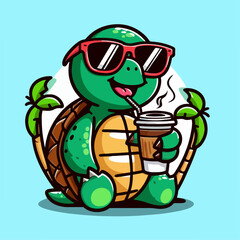 cool cartoon vector illustration of a turtle drinking coffee