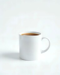 Minimalist White Coffee Mug with Creamy Brew on White Background