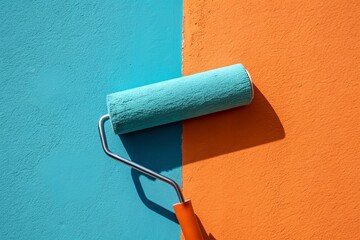 Obraz premium Paint roller with blue and orange contrasting colors on textured wall