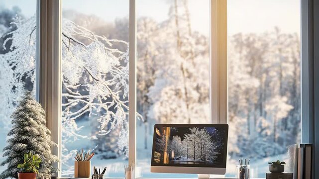 Cozy home office setup with snowy winter view displayed on monitor