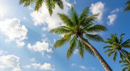 Obraz premium Low-angle shot of tall coconut tree with blue sky and clouds behind 