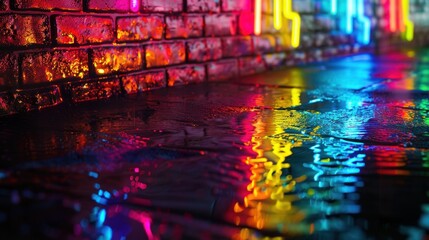 Neon-lit alleyway, wet pavement. Vibrant colors reflect in puddles